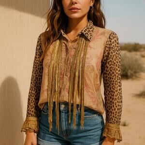 RARE Vintage Artsy Maximalist Boho Leopard Paisley Gold & Lace Fringe Festival M